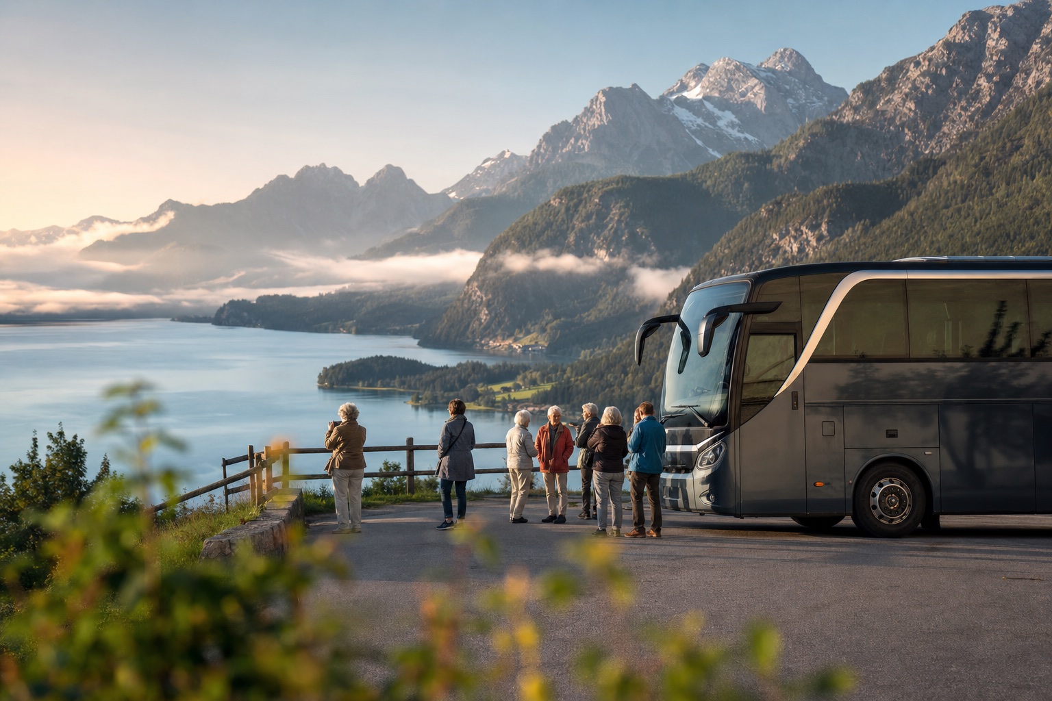Reisegruppe und moderner Reisebus an einem alpinen Aussichtspunkt