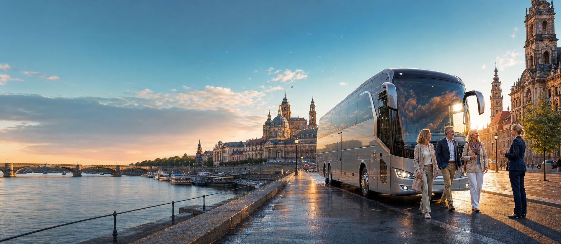 Städtereise mit Reisebus und Reisenden an einer historischen Uferpromenade